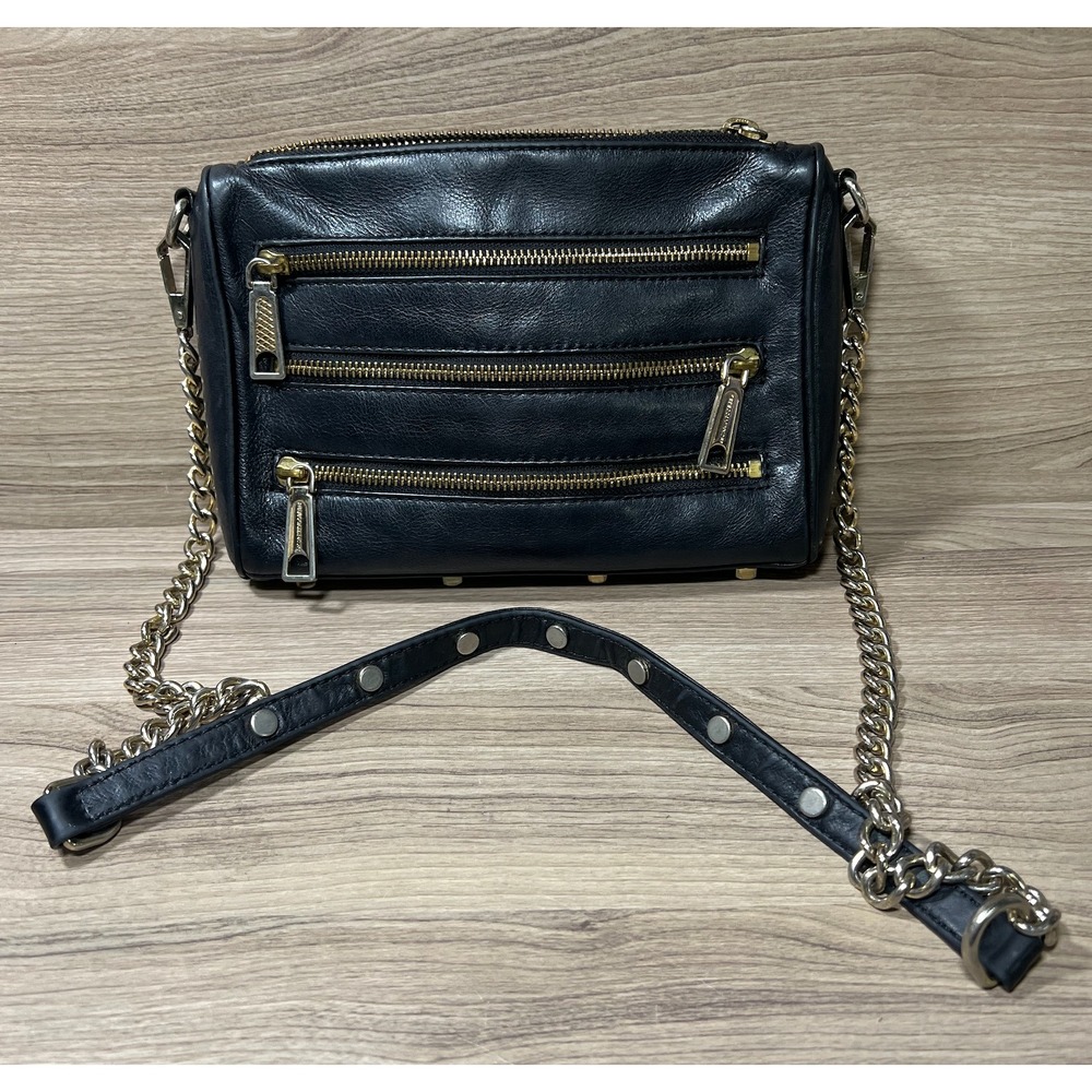 Rebecca Minkoff Black Leather Studded Chain Crossbody Shoulder Bag Gold Tone‎